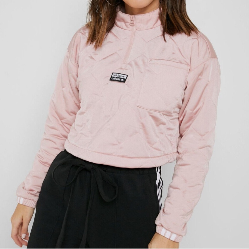 Adidas Womens Originals Half Zip Cropped Pullover Sweatshirt Rose Pink - Picture 3 of 10